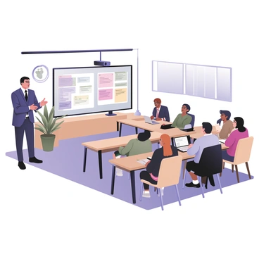 A professional standing confidently at the front of a coworking space, delivering a presentation. The individual is wearing a navy blue suit with a white shirt and a dark tie. A projector is mounted on the ceiling, displaying colorful slides on a large screen. The audience, consisting of diverse individuals, is seated at long communal tables, focused on the presentation. Some audience members are taking notes on laptops, while others are engaged in discussion. The coworking space is filled with modern furniture, large windows letting in natural light, and plants scattered around the room.