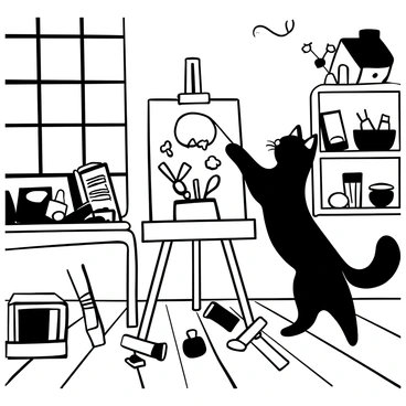 A Victorian cat with a fluffy tail is standing on its hind legs, poised in front of an easel. The easel holds a canvas displaying an unfinished painting of a garden scene. Rolling paint tubes and brushes are scattered around the base of the easel. Sunlight streams through a large window, casting light across the studio, illuminating a wooden floor. Various art supplies, including palettes and sketchbooks, are neatly arranged on a nearby table. In the background, shelves filled with art books and decorative items create a cozy atmosphere.