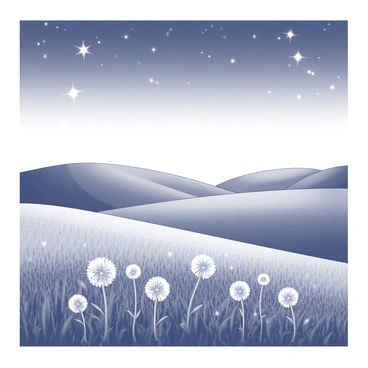 A vast landscape stretches out under a starlit sky. In the foreground, clusters of "cornflowers" are interspersed, their blossoms standing tall amidst the grass. The flowers have a delicate appearance, each petal finely detailed. Above, the "stars" twinkle brightly, illuminating the scene with a soft light. The background features rolling hills that create a gentle undulation in the terrain. The overall atmosphere is tranquil and serene, inviting viewers to immerse themselves in the beauty of the night.
