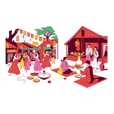 A vibrant festival scene on the left showcases people dressed in colorful traditional attire, dancing joyfully with ribbons and lanterns. There are stalls filled with delicious food, and decorations with bright banners hanging between the trees. On the right side, a serene traditional ceremony takes place, with individuals in elegant, flowing garments sitting calmly on mats. They are engaged in a peaceful ritual, surrounded by candles and traditional artifacts. The festival and ceremony blend seamlessly in the center, creating a striking contrast of energy and tranquility.