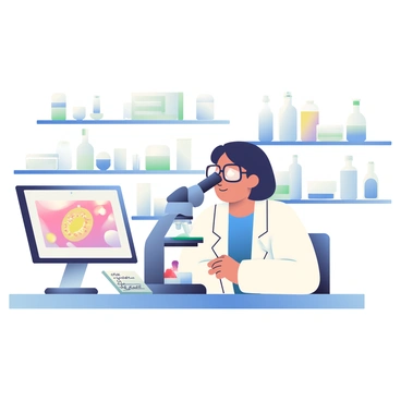A scientist with short black hair and glasses is peering through a microscope in a research facility. She is wearing a white lab coat over a blue blouse. In front of her, the microscope is focused on a slide containing stem cells, which are clearly visible with a bright light illuminating them. The laboratory is filled with shelves lined with glassware and scientific instruments. There is a computer monitor displaying data next to the microscope, and a notepad with handwritten notes is placed nearby on the table. The walls are painted a soft white, giving the room a clean and organized appearance.