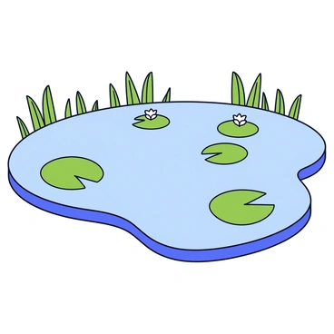 A tranquil pond with clear water reflecting the sky. The pond is dotted with green lily pads, each with a delicate white flower blooming on top. The surface of the water has a smooth finish, showing gentle ripples created by a light breeze. Surrounding the pond are lush green reeds and grass.