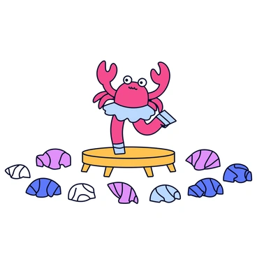 A graceful crab standing on its hind legs, wearing a tiny tutu and ballet shoes. The crab is on a small wooden stage, with its claws elegantly raised in a ballet pose. Surrounding the stage are various seashells of different shapes and sizes, arranged in a semicircle to serve as the audience. The scene is set with a simple background depicting the ocean floor, enhancing the overall charm of the performance.