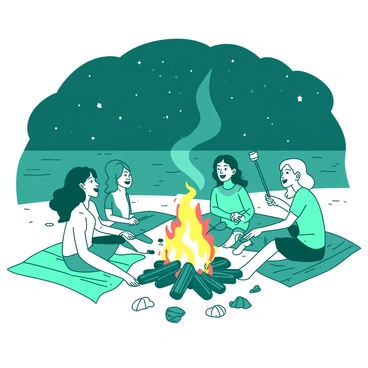 A teal bonfire is crackling brightly on a sandy beach, surrounded by a group of friends. Each friend is sitting on a colorful blanket, with some holding long sticks with marshmallows roasting over the flames. The night sky is filled with stars, twinkling above. The faces of the friends are illuminated by the warm glow of the fire, capturing expressions of joy and laughter. Scattered seashells and beach pebbles lie around the bonfire, enhancing the beach atmosphere.