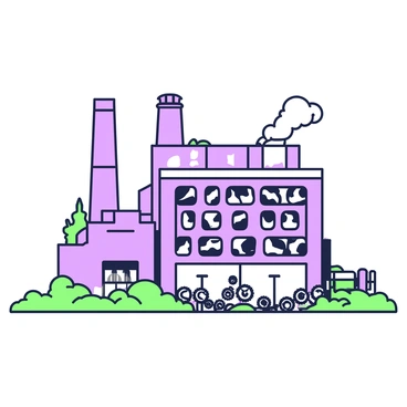 A large factory complex stands in the foreground, showcasing its vast structure with multiple levels and a variety of industrial features. The factory is characterized by numerous broken windows that add to its derelict appearance. Surrounding the building, patches of overgrown grass and weeds are visible, indicating years of neglect. In front of the factory, rusted equipment such as gears and machinery is scattered, showcasing the wear and tear of time. The overall scene conveys a sense of abandonment, with the factory looming silently against the skyline, its once-bustling activity long gone.