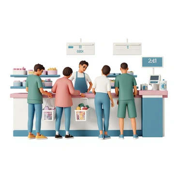 A grocery store checkout counter filled with activity. A cashier, wearing a blue apron, is scanning items with a barcode scanner. The cashier has short brown hair and is focused on the task at hand. Several customers are standing in line, each holding shopping baskets filled with various groceries. One customer, a woman wearing a red jacket and jeans, is placing items on the counter. Another customer, a man in a green t-shirt and shorts, is checking his phone while waiting. The checkout area is brightly lit, with shelves of products visible in the background and a register displaying a digital screen showing the total amount.