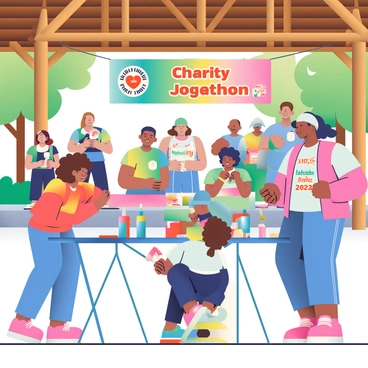 A group of diverse participants is gathered at a park pavilion, registering for a charity jogathon. The pavilion is made of wooden beams and has a thatched roof. In the foreground, a long table is set up with registration forms, brightly colored pens, and water bottles. A woman with curly brown hair is handing out event t-shirts with the words "Charity Jogathon 2023" printed in bold letters. Nearby, a young girl is tying her shoelaces, excited to participate. In the background, trees with green leaves surround the pavilion, and people are chatting and enjoying the sunny day. A banner hangs from the pavilion, featuring vibrant colors and a logo representing the charity.