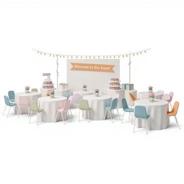 A wide view of a coworking area set up for an event. Round tables with white tablecloths are arranged throughout the space, each topped with small, colorful centerpieces made of flowers in glass vases. A backdrop is adorned with string lights and a large banner that reads "Welcome to Our Event" in bright, bold letters. Folding chairs are neatly placed around the tables, with some featuring cushions in various pastel colors. In one corner, a refreshment table is decorated with an assortment of snacks and drinks, accompanied by a sign that says "Enjoy!" The atmosphere is lively and inviting, perfect for networking and collaboration.