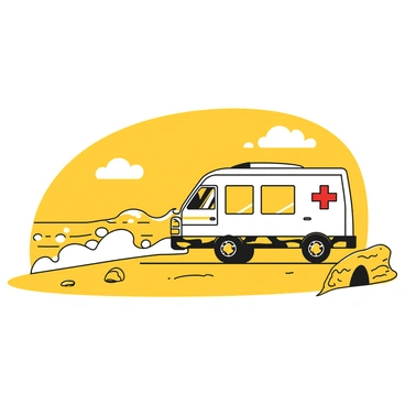 A medical transport van parked on a sandy beach. The van is white with a red cross symbol on the side. It is positioned at an angle, with one side facing the ocean. In the background, waves are crashing against the shore, creating white foam as they break. The sandy beach is dotted with small pieces of driftwood and seashells. Above, the sky is clear with a few fluffy clouds scattered. The scene conveys a sense of calmness, with the distant sound of waves enhancing the tranquil atmosphere.