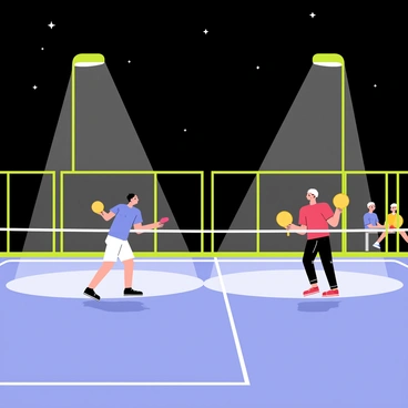 A pickleball court illuminated by bright floodlights in a night setting. Two players are engaged in an active match, one wearing a blue jersey and the other in red. The players are mid-action, with paddles raised and a yellow pickleball in flight between them. Spectators are seated in the background, and the sky above is dark with a few scattered stars. The court is surrounded by green fencing, and the bright lights cast sharp shadows on the court surface.