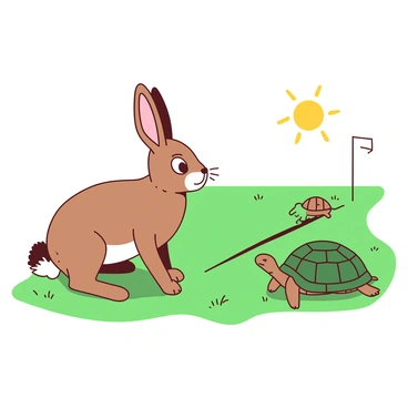 A brown hare with large ears and wide eyes is standing on the grassy field, looking startled and regretful. Its body is tense, indicating a sudden realization as it glances back toward the finish line. In the distance, a determined tortoise with a green shell is steadily approaching the finish line, which is marked by a simple white flag. The sun is shining brightly over the scene, casting elongated shadows on the ground. The hare's fur is ruffled by a gentle breeze, and the tortoise's slow but steady pace contrasts with the hare's earlier confidence.