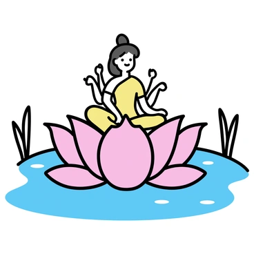 Maa Durga, depicted with ten arms, is seated on a giant, blooming lotus. The lotus has soft pink petals that are fully opened, floating gracefully on a tranquil pond. Surrounding her are gentle ripples in the water, reflecting the lotus and her powerful figure. The background shows hints of greenery, with tall, thin reeds framing the edges of the pond. The overall composition highlights the divine presence of Maa Durga in this serene setting.