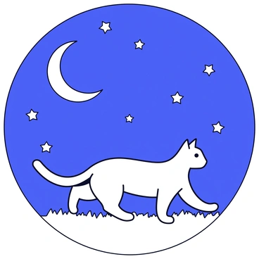An outline of a cat walking with a graceful posture and a curled tail. The cat's ears are perked up, showing alertness as it moves. Above, a sky filled with twinkling stars, scattered across the dark blue canvas of night. The outline of a crescent moon glows softly, casting a gentle light over the scene. The ground is textured to suggest grass, making the outlines of the cat and the landscape distinct against the night sky.