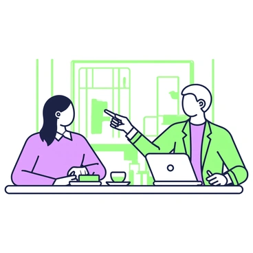 An experienced business mentor is seated at a table in a café, engaged in conversation with a young entrepreneur. The mentor has short hair and is wearing a tailored blazer, while the entrepreneur, with long hair, is dressed in a casual shirt. On the table, there are two cups of coffee and a laptop open in front of the young entrepreneur. The mentor is pointing towards the screen with a pen, while the entrepreneur is taking notes in a notebook. The café has a warm ambiance, with wooden furniture and soft lighting in the background.