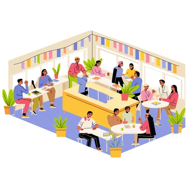 A bustling student union at BCU filled with diverse students engaged in socializing and relaxing. Groups of students are sitting at tables, laughing and chatting, while some are studying with books and laptops open. Colorful banners hang from the walls, and potted plants are placed throughout the space. A coffee shop area features a barista serving drinks to a line of students. In one corner, a group is playing board games, while another group is gathered around a game console. The atmosphere is lively and energetic, showcasing the vibrant student life at BCU.