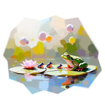 An illustration depicting the lifecycle of a frog, showcasing various stages from egg to adult frog. At the top, clusters of "frog eggs" are shown resting on lily pads in a calm pond. Below, "tadpoles" with long tails are swimming in the water, some of them starting to sprout tiny legs. Further down, small "froglets" are shown transitioning with small limbs and still retaining some tail. Finally, a full-grown "adult frog" is perched on a lily pad, with its vibrant green skin glistening under the sun, completing the visual narrative of the frog lifecycle. The background features gentle ripples in the water and lush greenery surrounding the pond.