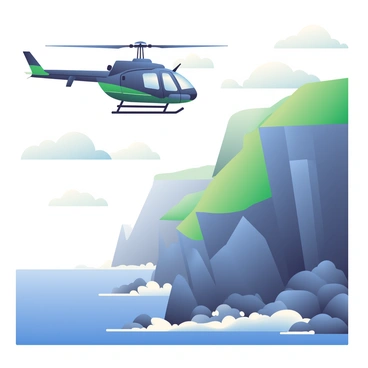 An NH90 helicopter is hovering in the air near dramatic seaside cliffs. The helicopter has a dark gray body with green accents and visible rotors spinning above. Below, the steep cliffs rise sharply from the ocean's edge, showcasing rugged textures and patches of green vegetation. Waves crash against the rocks at the base, creating white foam. The sky is filled with scattered clouds, adding depth to the scene as sunlight breaks through, illuminating the cliffs and the helicopter.