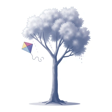 A colorful kite is lodged in the branches of a tall tree. The kite is flapping gently in the breeze, showing signs of movement. Raindrops are falling from the sky, making small splashes as they hit the ground and the leaves of the tree. The tree is thick with foliage, and its branches are intertwined, providing a strong grasp for the kite. The scene conveys a sense of gentle persistence as the kite remains caught yet animated by the wind.