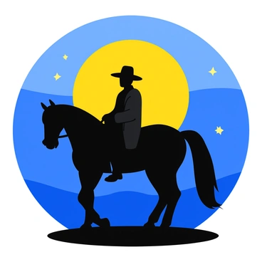 A horse and rider are standing side by side, silhouetted against a large, bright full moon. The night sky is clear and dotted with a few distant stars. The horse has a sleek, muscular build with a flowing mane that gently sways in the night breeze. The rider is wearing a wide-brimmed hat and a long coat, which adds to the dramatic silhouette. The ground below them is mostly flat, hinting at a serene landscape stretching into the distance.