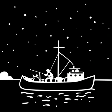 A fishing barge floating on calm water, illuminated by soft lights that emit a warm glow. The barge is surrounded by gentle waves, reflecting the light. Silhouettes of fishermen can be seen working on the deck, casting lines and preparing their gear. The night sky is filled with stars, twinkling brightly above the scene.