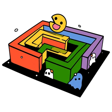 Pac-Man is depicted as a yellow circular character with a wide open mouth, energetically moving through a maze. The maze is composed of colorful walls in vibrant hues, creating a striking rainbow effect. Each segment of the maze is distinctly colored, featuring bright reds, yellows, greens, blues, and purples. The ground beneath Pac-Man is dark, emphasizing the brightness of the maze. Small dots are scattered throughout the maze, and a few ghost characters can be seen lurking in the corners, adding to the sense of movement and excitement.