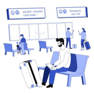 A traveler is sitting on a bench in an airport terminal. The traveler is focused on writing in a ledger of expenses, with a pen in one hand and the ledger open on their lap. Beside them is a suitcase with a handle, resting on the floor. The terminal features overhead signs displaying flight information, and a few travelers in the background are moving about, some looking at their phones while others are carrying bags. The seating area is lined with other benches and a large window shows a view of planes on the tarmac outside.