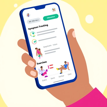 A smartphone displaying a mobile app interface for tracking symptoms and exercises related to "cervical radiculopathy." The app screen shows various sections with icons for symptom tracking, exercise routines, and progress reports. In the symptom tracking section, there are colorful indicators and a checklist. The exercise section features animated illustrations of different exercises with labeled descriptions. The phone is held in a hand against a bright background, emphasizing the app's usability and accessibility.