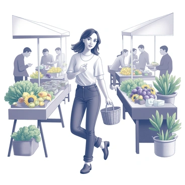 A woman is walking through a farmer's market, holding a woven basket in one hand. She has a curious expression as she observes the various stalls around her. Fresh produce like vegetables and fruits are displayed in abundance on tables, with vibrant green leafy items and yellow sunflowers among the offerings. People are chatting and interacting around her, adding to the lively atmosphere of the market. The scene captures the rich textures and details of the produce and flowers, with the woman as the central figure navigating the bustling environment.