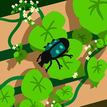 A black and green Hercules beetle crawling over vibrant green ivy leaves on a wooden garden trellis. The trellis is adorned with twisting vines and clusters of small, delicate white flowers. Bright sunlight casts intricate shadows on the leaves, highlighting the beetle's shiny exoskeleton and intricate patterns on its back. The background features additional greenery, creating a lively garden atmosphere.