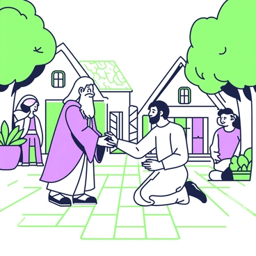 A village square is depicted, featuring a cobblestone pathway surrounded by quaint houses with thatched roofs. In the center, an elder with a long beard and a flowing robe is extending his hand towards a man who is kneeling in front of him. The elder has a look of wisdom on his face. The man, Lazarus, is dressed in simple clothing and has an expression of gratitude. A few villagers can be seen in the background, observing the moment. Lush trees with thick trunks frame the square, and there are pots with flowers placed near the houses, adding to the charm of the setting.