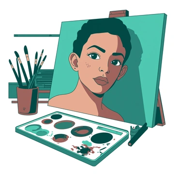 A teal digital canvas displays a half-finished portrait of a person with realistic skin tones and textures. The subject's face is turned slightly to the side, showcasing detailed facial features including expressive eyes and subtle freckles. A variety of paintbrush tools are scattered around the canvas, and an array of colors is visible on the palette, mixing to create lifelike hues. The background includes blurred hints of a workspace, emphasizing the process of digital painting. The scene captures the artist's focused expression as they work on perfecting the portrait.