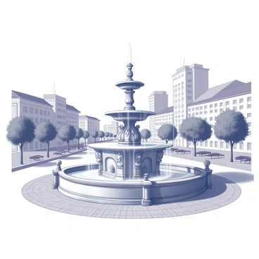 A large, ornate fountain located in the center of a bustling city square. The fountain features multiple tiers with intricate carvings and statues adorning its sides. Water cascades gracefully from the upper tiers into the lower basin, creating a dynamic flow. Surrounding the fountain, there are cobblestone paths and benches where people can sit. In the background, tall buildings frame the square, adding to the urban atmosphere. Several trees provide shade and greenery around the fountain area.