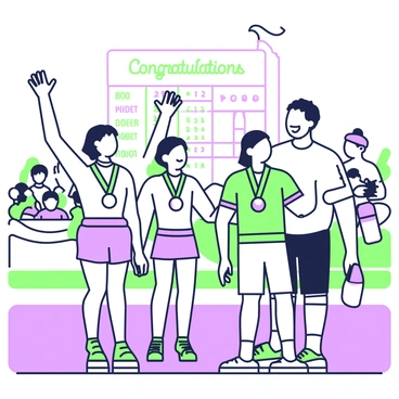 A group of athletes is celebrating together after a successful sprint competition. They are standing on a track surrounded by cheering spectators. Each athlete has a medal hanging around their necks, glimmering in the light. The first athlete, a woman with short hair, raises her arms in triumph. Next to her, a tall man is laughing, holding a water bottle in one hand. Another athlete, wearing a bright jersey, is giving a high-five to the woman. In the background, a scoreboard displays the final results of the race, and a banner reading "Congratulations" is visible above them.