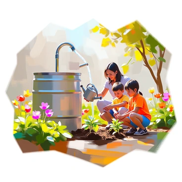 A family is working together in their garden, surrounded by vibrant green plants and colorful flowers. In the center of the scene, there is a rainwater collection system made from a large barrel, showing a spout where the collected water flows into a watering can. The father, with short brown hair, is filling the watering can while the mother, with long black hair, is kneeling beside her children, who are eagerly planting new seedlings in the soil. The children, a boy and a girl, are cheerful and wearing bright clothes. Sunlight filters through the leaves above, illuminating the scene and creating a warm atmosphere.