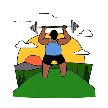 An athlete with tanned skin and short black hair is performing skull crushers on a grassy hilltop. The athlete is wearing a blue tank top and black shorts, displaying muscular arms and focused determination. The sun is rising in the background, casting warm orange and yellow hues across the sky, with a few wispy clouds scattered. The landscape below features rolling hills and distant trees, enhancing the sense of altitude and achievement. The scene conveys a moment of strength and perseverance in a serene morning setting.
