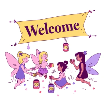 A group of cheerful tooth fairies is gathered around a large, brightly colored banner that reads "Welcome" in elegant font. Each fairy is adorned with shimmering wings that reflect light, showcasing various shades of color. Beneath the banner, tiny lanterns in two distinct colors are hanging and illuminating the scene with a warm glow. The fairies are engaged in joyful activities, such as exchanging small gifts and sharing laughter, creating a lively atmosphere filled with excitement. The ground is covered in soft grass, and there are small, scattered flowers adding to the festive feel of the gathering.