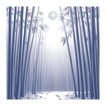 A dense bamboo forest with tall, slender stalks reaching upward. The moonlight softly filters through the leaves, casting delicate shadows on the ground. The bamboo creates a layered effect, with varying heights and thickness of the stalks. The moon is visible above, illuminating the scene and creating a tranquil ambiance. The ground is covered with fallen leaves, and the air appears still and quiet, enhancing the peacefulness of the setting.