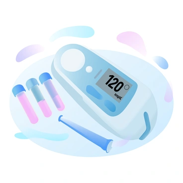 A blood glucose meter is placed on a smooth surface, clearly displaying a digital reading of "120 mg/dL" on its screen. The meter features a sleek design with buttons and a small strip inserted at the side. Surrounding the meter are several colorful vials of test strips, along with a small lancet device. The background consists of soft gradient pastel colors that enhance the focus on the blood glucose meter and its components.