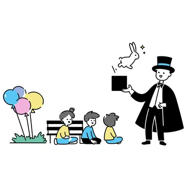 A magician, wearing a black cape and a top hat, stands in front of a group of children. He is pulling a white rabbit out of a black hat with a surprised expression on his face. The children, wearing colorful clothing, are sitting on the grass, looking amazed. The background features a few trees and balloons tied to a nearby bench.