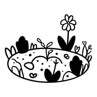 A garden circle filled with various soil textures and small pebbles. A small seedling is emerging from the soil at the center, with delicate leaves starting to unfurl. As the eye moves outward, there are stages of growth displayed in a circular arrangement, including a young plant with a few small leaves, a mid-sized plant with larger leaves, and finally, a fully bloomed flower with an intricate structure. Surrounding the plants, there are several blades of grass and small rocks arranged harmoniously around the circle. The entire scene captures the progression of growth from seedling to full bloom.