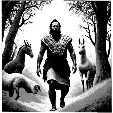 Gilgamesh encountering mystical creatures on his journey through a magical land.