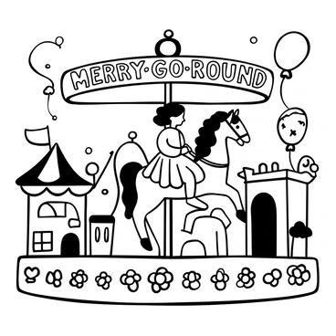 A girl dressed in a frilly lolita dress with a full skirt is riding a carousel horse. The carousel horse is beautifully detailed with ornate decorations. The girl holds the reins of the horse, her hair styled in elaborate curls. The carousel features multiple horses, each positioned on a circular platform. "Merry-Go-Round" is written in decorative letters above the scene. There are various fair elements surrounding the carousel, including stalls with striped canopies and balloons floating in the air.