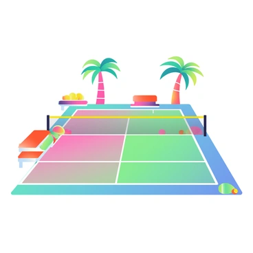 A pickleball court with retro 1980s style design and bright neon colors