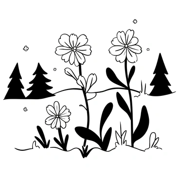 A landscape depicting "bee balm" plants covered in a soft layer of snow, standing tall amidst the wintry surroundings. The plants have delicate, detailed leaves and flower stems, showing their resilience against the cold. Snowflakes gently rest upon the petals, adding texture to the scene. The ground is blanketed in a thick layer of white snow, and in the background, there are faint outlines of evergreen trees, creating a tranquil winter setting.
