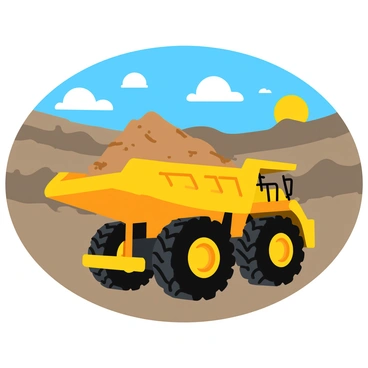 A massive yellow mining dump truck is positioned in a huge open-pit mine. The truck is loaded with a large mound of dirt and rocks, showcasing its robust design and large tires. Dusty clouds billow up around the truck, creating a hazy atmosphere. The open-pit mine is filled with layers of exposed earth in various shades of brown and gray. In the background, other mining equipment and machinery can be seen, contributing to the busy and industrious environment of the mine. The sky is clear with a bright sun shining down, illuminating the scene.