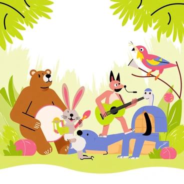 A group of five animals playing various instruments in a vibrant forest clearing. A brown bear is sitting on a log playing a large drum. A lively rabbit is strumming a bright green guitar, while a colorful parrot is perched on a tree branch, singing into a microphone. A playful fox is playing a silver trumpet, and a wise old tortoise is tapping a tambourine with its claws. Surrounding them are lush green ferns and colorful flowers, with sunlight filtering through the trees, creating a joyful atmosphere.