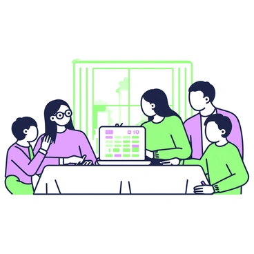 A family is gathered around a dining table engaged in a discussion about their budget. The table is rectangular, covered with a tablecloth. In the center, there is an open laptop displaying a spreadsheet with various columns and numbers. The family consists of four members: a father with short hair, wearing a casual shirt; a mother with long hair, dressed in a sweater; a teenage daughter with glasses and a notebook in front of her; and a young son who is leaning forward with a pencil in hand. They all appear focused and engaged in the conversation, with the laptop casting a soft glow on their faces. The dining room has a warm atmosphere, with a window in the background letting in light.