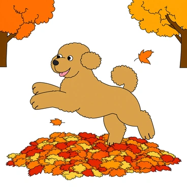 A small, fluffy cavapoo with a curly golden coat is leaping joyfully through a vibrant pile of autumn leaves. The dog has bright, expressive eyes and a playful demeanor, with its ears flopping as it jumps. The leaves are a mix of oranges, reds, and yellows, creating a colorful bed beneath the dog. A few leaves are flying up in the air as the cavapoo lands in the pile. The background features more trees with autumn foliage, adding to the seasonal atmosphere.