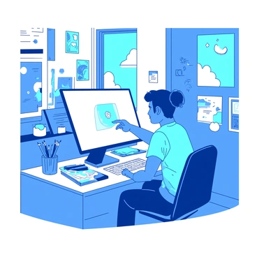 A blue graphic designer is focused intently on a white computer screen, where a logo design is being created for a startup. The designer is seated at a sleek desk cluttered with various art supplies, including sketchbooks and colored pencils. Surrounding the desk, there are walls adorned with vibrant artwork and posters, showcasing a variety of design styles. Natural light streams through large windows, illuminating the art studio and creating a creative atmosphere. The designer's expression reflects concentration and inspiration as they make adjustments to the logo on the screen.