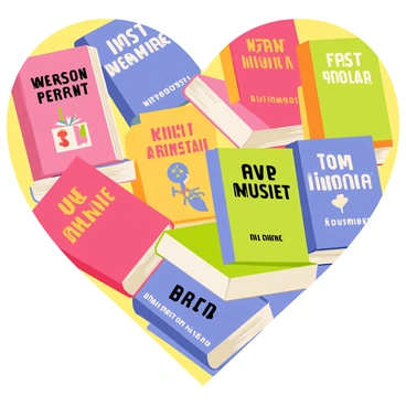 A heart shape filled with various famous book covers. Each book cover features vibrant colors and distinctive artwork. Each cover is labeled with its title and the author's name, clearly visible. The titles and authors are presented in bold, contrasting fonts that enhance readability. The heart is arranged in a visually appealing manner, with books of different sizes and styles intermingled to create a dynamic composition.